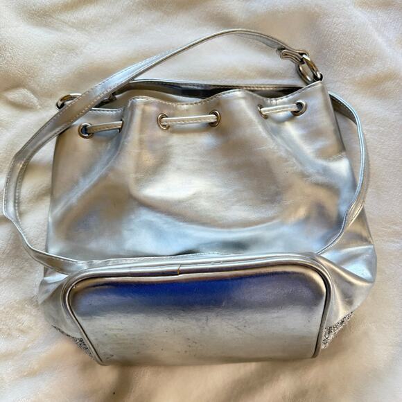 Moda Attiva Metallic Silver Hobo Drawstring Crossbody Bag Purse - Picture 10 of 10